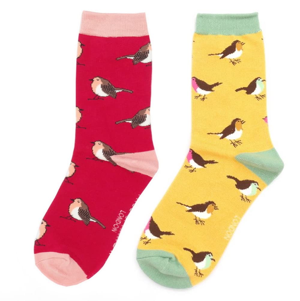 LilyRosa Ladies Robin Birds Socks Robins Bird Girls Bamboo Mix (2 Pairs), UK Size 3 to 7, Red & Mustard