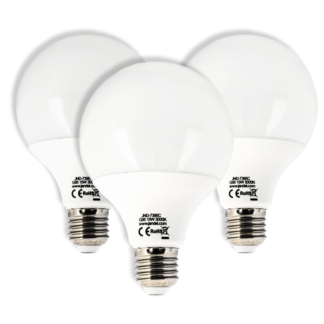 JANDEI E27 Screw Bulb, G95 Globe Bulb,15W (100W Equivalent) Led Bulbs Daylight 3000k Large Globe Light Bulbs, Non-Dimmable,1950 Lume Energy Saving, Perfect for Indoor Room Led Bulbs 3-Pack