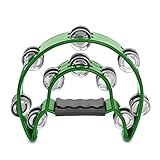 Flexzion Half Moon Musical Tambourine (Green) Double Row Metal Jingles Hand Held Percussion Drum for Gift KTV Party Kids Toy with Ergonomic Handle Grip