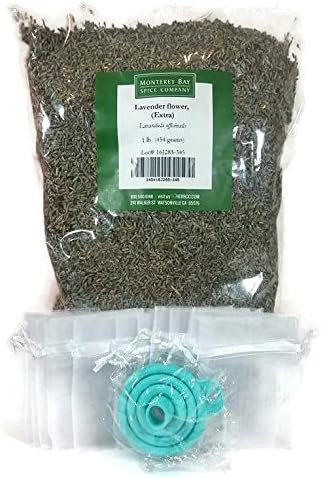 Lavender Flowers - Extra Grade, Dried, 16 Oz with 12 Drawstring Sachets and funnel Set Bundle