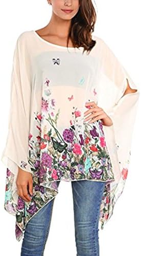 Mallery Women's Floral Printed Chiffon Caftan Poncho Tunic Top