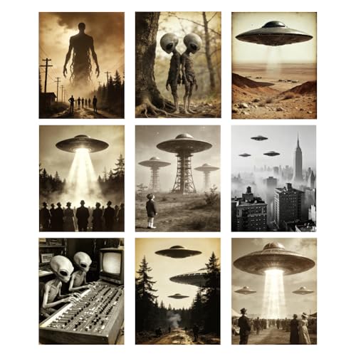 DOODLREAM 9Pcs Unframed Vintage Alien UFO Canvas Wall Art, 8x10inch Waterproof Sci-Fi Wall Poster, Decor for Home Office Living Room Bathroom Bedroom at Amazon