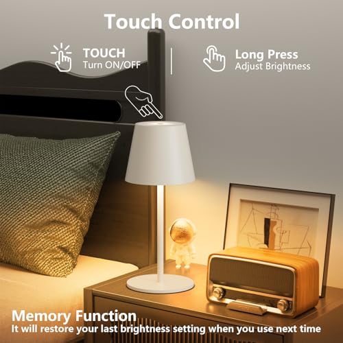 lundwa Dimmable LED Battery Table Lamp Beige 26 cm, 5000 mAh (5 V 2 A) Camping Lamp Battery Rechargeable, 3 W 3000 K Table Lamp Wireless, IP54 Outdoor Table Lamp for Restaurant, Bedroom, Garden, Office (Pack of 2)