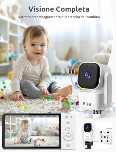 GHB Baby Monitor Video and Audio 5 Inch 720HD 168 Hours Battery Life Screen, 350° Rotating Camera, Temperature Detection, Two-Way Intercom, VOX, Night Vision