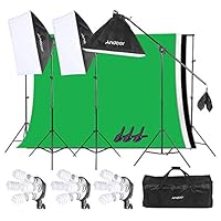 Andoer Lighting Kit, Photography Studio Softbox Light Kit and 6.6ftx10ft Background Support System, Including 3pcs Backdrops(Black/White/Green) Screen for Photo, Video, Portrait and Product Shooting