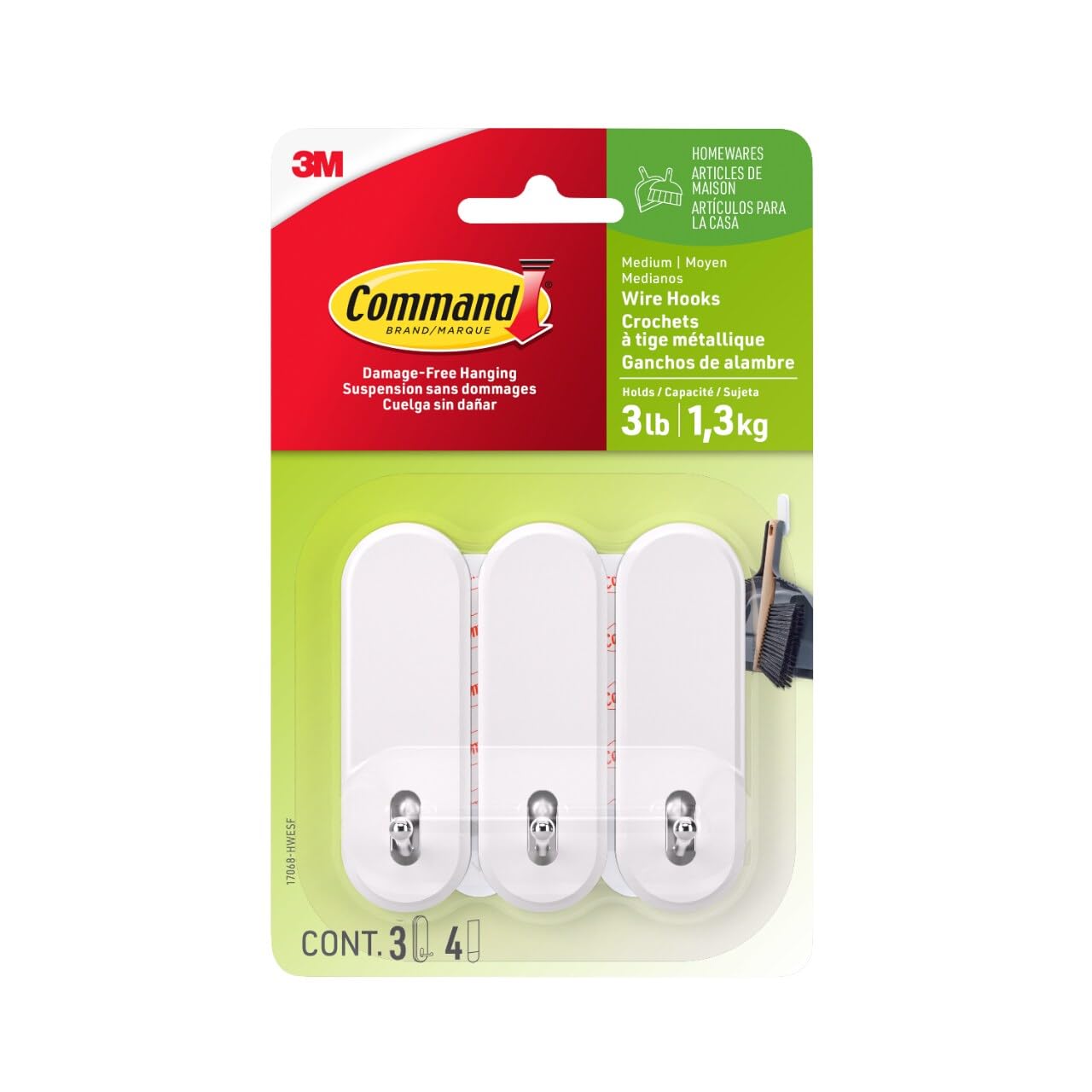 Command Medium Wire Hooks, 3 Hooks, 4 Strips, Damage-Free Hanging Wall Hooks with Adhesive Strips, No Tools Wall Hooks for Organization in Living Spaces, Holds up to 3 lb