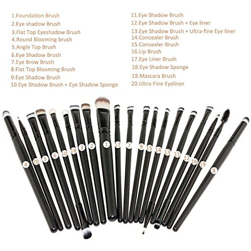 MELADY20pcs Multi-function Pro Cosmetic Powder Foundation Eyeshadow Eyeliner Lip Makeup Brushes Sets (Black)