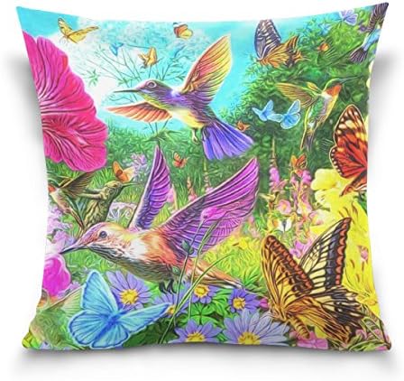 LAVOVO Hummingbird Flower Butterfly Painting Pattern Decorative Throw Pillowcase Cushion Pillow Cover 16" x 16" for Couch, Bed, Sofa or Patio - Only Case, Double Sides, No Insert