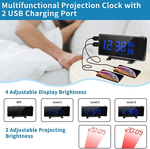 PEMOTech Projection Alarm Clocks for Bedrooms,【Temperature & Humidity Display】 7'' Large Curved LED Display,180° Rotation,FM Radio Digital Alarm Clock Projection on Ceiling with 2 USB Phone Charger