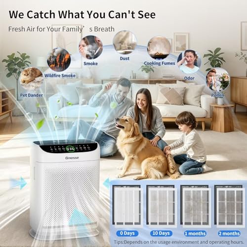 Bmasse Air Purifiers for Home Pets Large Room Up to 3000 Ft²,HEPA Air Cleaner with Washable Double-Side Filter, PM2.5 Air Quality Monitor,Remote Control,Sleep Mode for Bedroom Odor Dust Pollen,White
