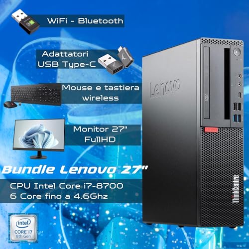 Lenovo Complete PC Professional Office i7 8700 up to 4.6 GHz – Monitor 27 Inches FHD 32 GB of RAM 1 Tera SSD – Mouse and Keyboard Kit Italian Layout – Win 11 Pro Office 2021 Pro Warranty 36 Months Warranty