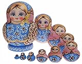 Moonmo 10pcs Beautiful Handmade Wooden Russia Nesting Dolls Gift Russian Nesting Wishing Dolls Pink And Blue Pattern Matryoshka Traditional.
