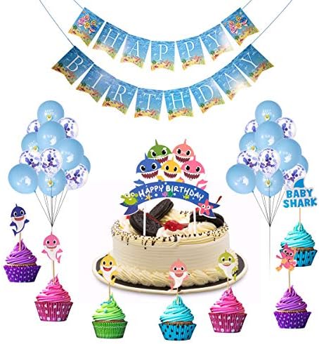 Shark Party Supplies - Shark Baby Happy Birthday Banner,Shark Baby Balloons,Cake Topper,Cupcake Toppers For Kids Boys Baby Shower, 1st Birthday Decorations - 48 Pack