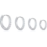 4 Sterling Silver Small Hoop Earrings Set Tiny Lightweight Cubic Zirconia Cuff Huggie Earrings Mini Hoops Cartilage Earring Silver Earrings Piercing Jewelry for Women 9mm/11mm/14mm/16mm