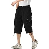 DGWZ Mens Long Cargo Shorts Below Knee 3/4 Stretch Twill Cotton Relaxed Fit Elastic Waist Cargo Shorts for Men