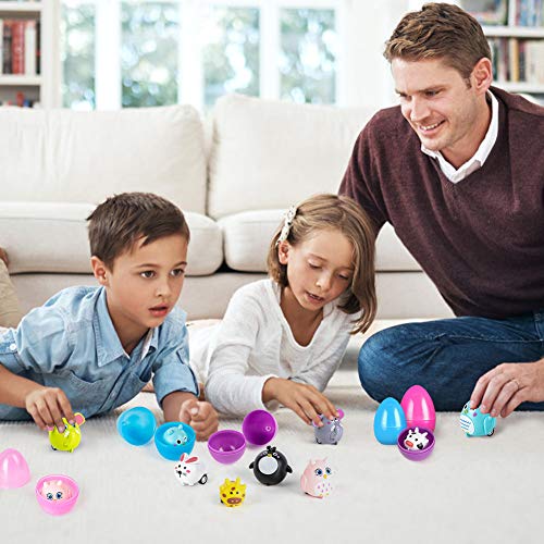 LovesTown Easter Eggs with Toys Inside, 12 Pcs Easter Stuffed Eggs and 12 Pcs Animal Pullback Toy Cars Surprise Eggs Easter Theme Party Favor for Easter Eggs Hunt Game