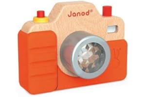 Janod Beech Wood Toddler Camera with Light & Sound Effects & Silicone Cover for Pretend Play Ages 18 Months+