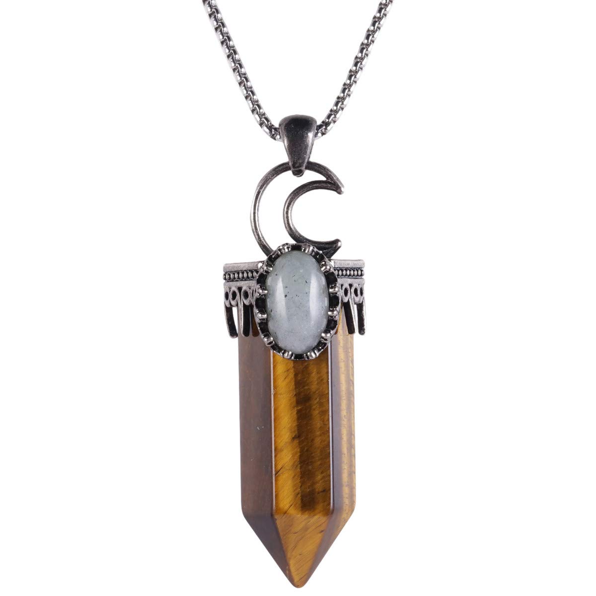 mookaitedecor Natural Tiger's Eye Crystal Point Necklace for Women Men, Hollow Crescent Moon Necklace Bullet Tigers Eye Crystal Necklace Reiki Chakra Vintage Healing Crystal Necklace Gift with Box