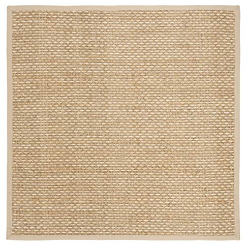 Safavieh Natural Fiber Collection NF114E Basketweave Natural and Blue Summer Seagrass Square Area Rug (6' Square)