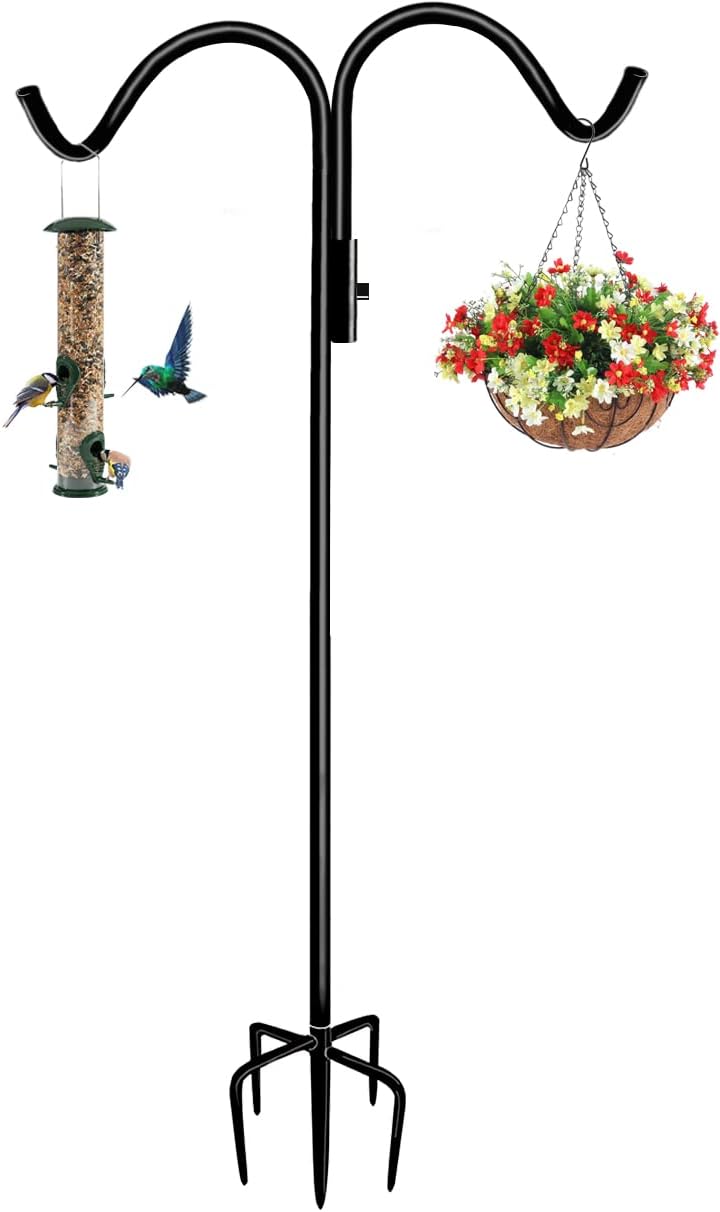 Outdoor Shepherd's Hooks - Tuohours 92 Inch Double Shepherd Hook Stand for Outdoor Birdfeeder, Adjustable Two Sided Garden Bird Feeder Pole Holder for Birdhouse Planter Solar Light Lantern, Black, 1 Pack