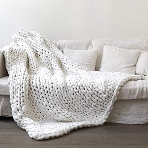 Yijiujiuer Chunky Knit Blanket Giant Throw Merino Wool Yarn Hand Made Bed Sofa Chair Mat (White 32"x40")