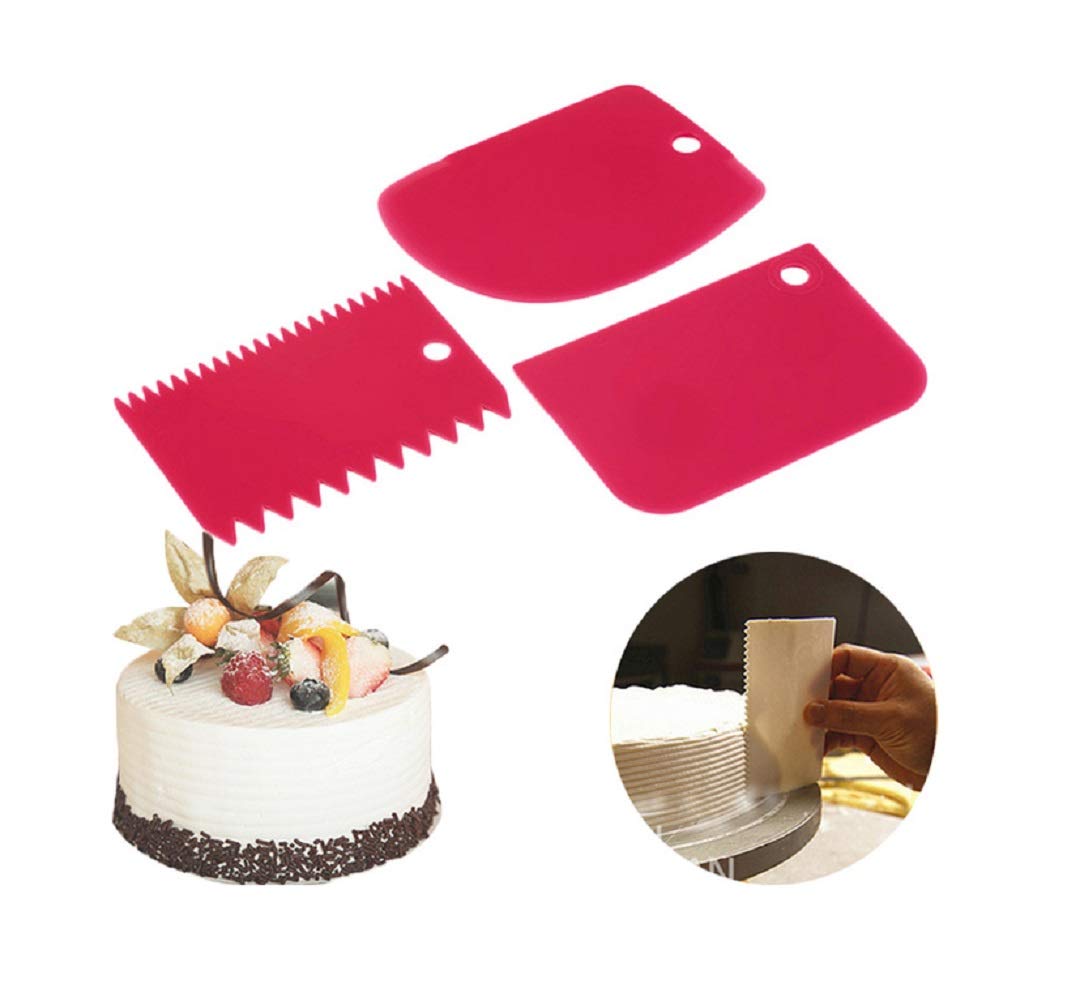 Cake Scraper Spatula Set – 3-Piece Plastic Smoother & Decorating Comb by Koksi – Pastry Dough Fondant Icing Tools