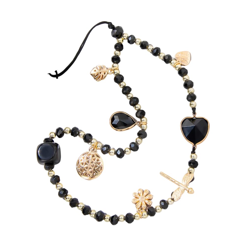 GORGECRAFT Beaded Phone Charm Heart Teardrop Cube Shape Black Acrylic Beads Mobile Phone Lanyard Wrist Strap Chain Handmade Keychain Bracelet Strap for Phones Case Decor Women Accessory