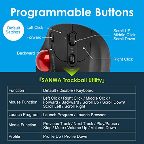SANWA Dual Mode (Bluetooth 5.0 + 2.4G Wireless) Ergonomic Trackball