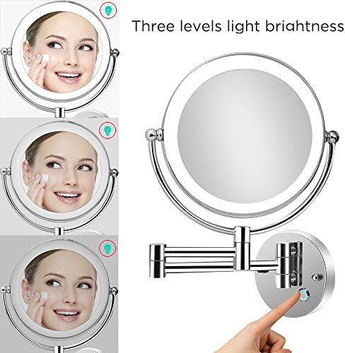 Supersail 1X &amp;10X Magnifying Double Sided Vanity Makeup Mirror with Light and Touch Dimmer, 8.5 inch, Wall Mount, Round, Chrome