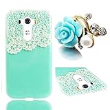 Vandot 3D Lady Lace Pearl Hard Case for LG G3 Bundle with 3.5mm Blue Diamond Crystal Rhinestone Camellia Flower Anti Dust Plug (Green Turquoise)