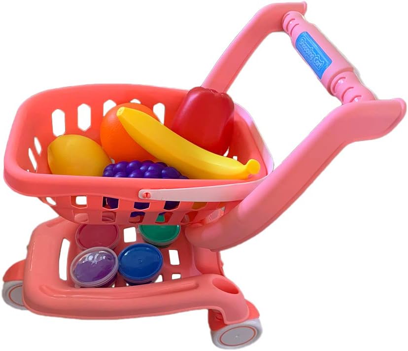 Green Piece Toddlers Kitchen Toy - Smart Push Play Kids Shopping cart -Perfect for Photos and Props - Mini Shopping carts with 6 Fruits and 6 Jars of Molding Clay