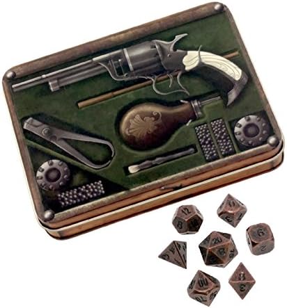 Skull Splitter Dice - Gunslinger's Kit with Gunmetal Brass Color with Black Numbers - Solid Metal Polyhedral Role Playing Game (RPG) Dice Set (7 Die in Pack) with Dice Case