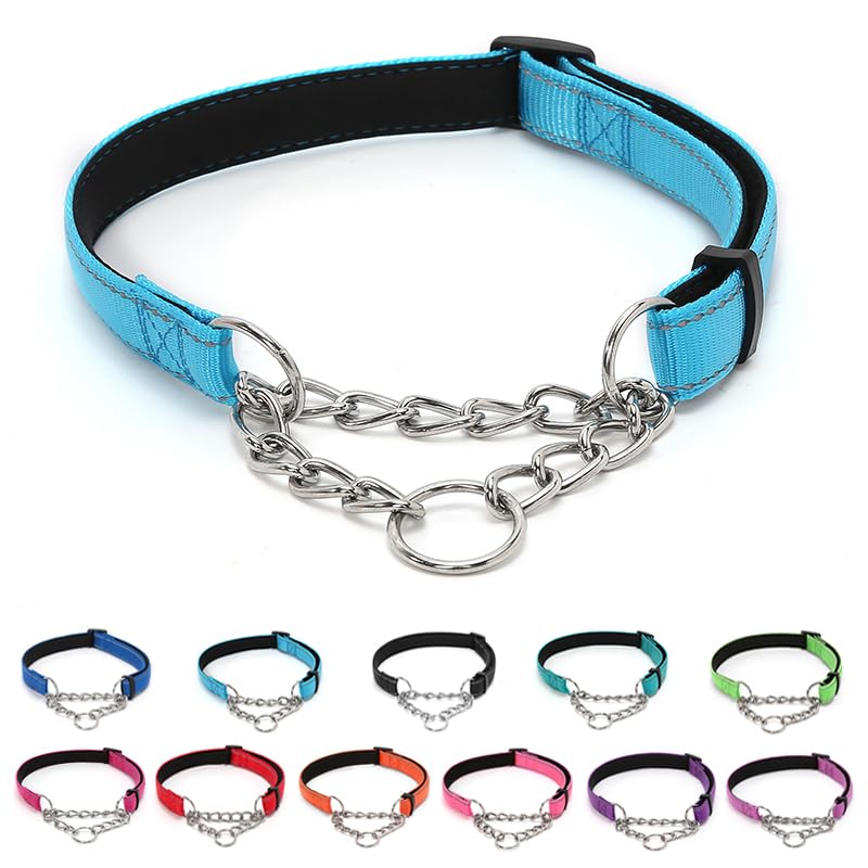 LOS ANDES Dog Choke Collar Martingale with Limited Chain, Soft Padded No Pull, Reflective Training Collars for Large, Medium and Small Dogs(S:Neck 25-45cm,Blue)