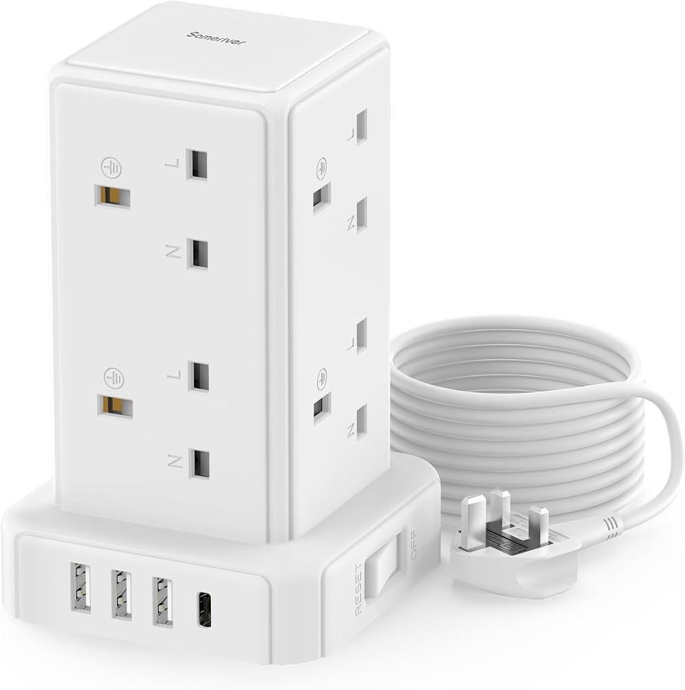 Sameriver 12-in-1 Tower Extension Lead 8 AC Outlets 4 USB 2m Surge Protection