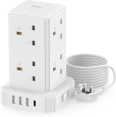 Sameriver 12-in-1 Tower Extension Lead 8 AC Outlets 4 USB 2m Surge Protection