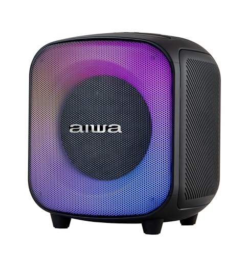Aiwa Bocina Portátil AW-B81 en Color Negro con 40W RMS, Bluetooth 5.3, función TWS, Luces LED, Radio FM, batería Recargable de 4000 mAh, Puerto USB-C y Sonido Potente con Refuerzo de Graves