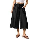 TARSE Women's Linen Culottes Wide Leg Flowy Capri Pants Palazzo Casual Drawstring Summer Loose Lace Capris with Pockets