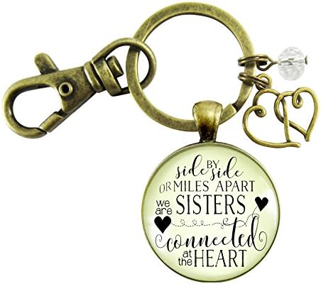 Sister Keychain Side by Side Long Distance Boho Style Bronze Jewelry for Women Key Ring - Handmade Glass Family Pendant, Double Heart Charm, Gift Package Meaningful BFF Friends Message Card & Box