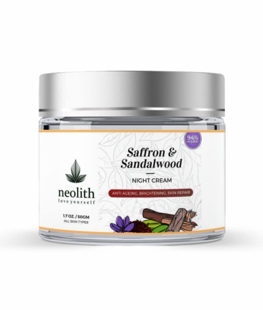 Neolith Saffron Sandalwood Night Cream | 98% Organic | Night moisturizer, Anti Aging night cream, Night cream for glowing skin | No Silicon, No Mineral oil, No Paraben, No Synthetics