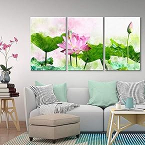 3 Panel Watercolor Style Green Lotus Leaf and...