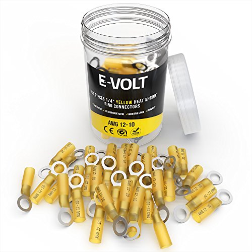 E-VOLT Heat Shrink Ring Connectors – 80 PC 1/4" Yellow 3:1 Shrink Ratio, Adhesive Tube Crimp Connectors for 12-10 AWG | Industrial Grade Bulk Wire Connectors for Automotive, Marine and Audio