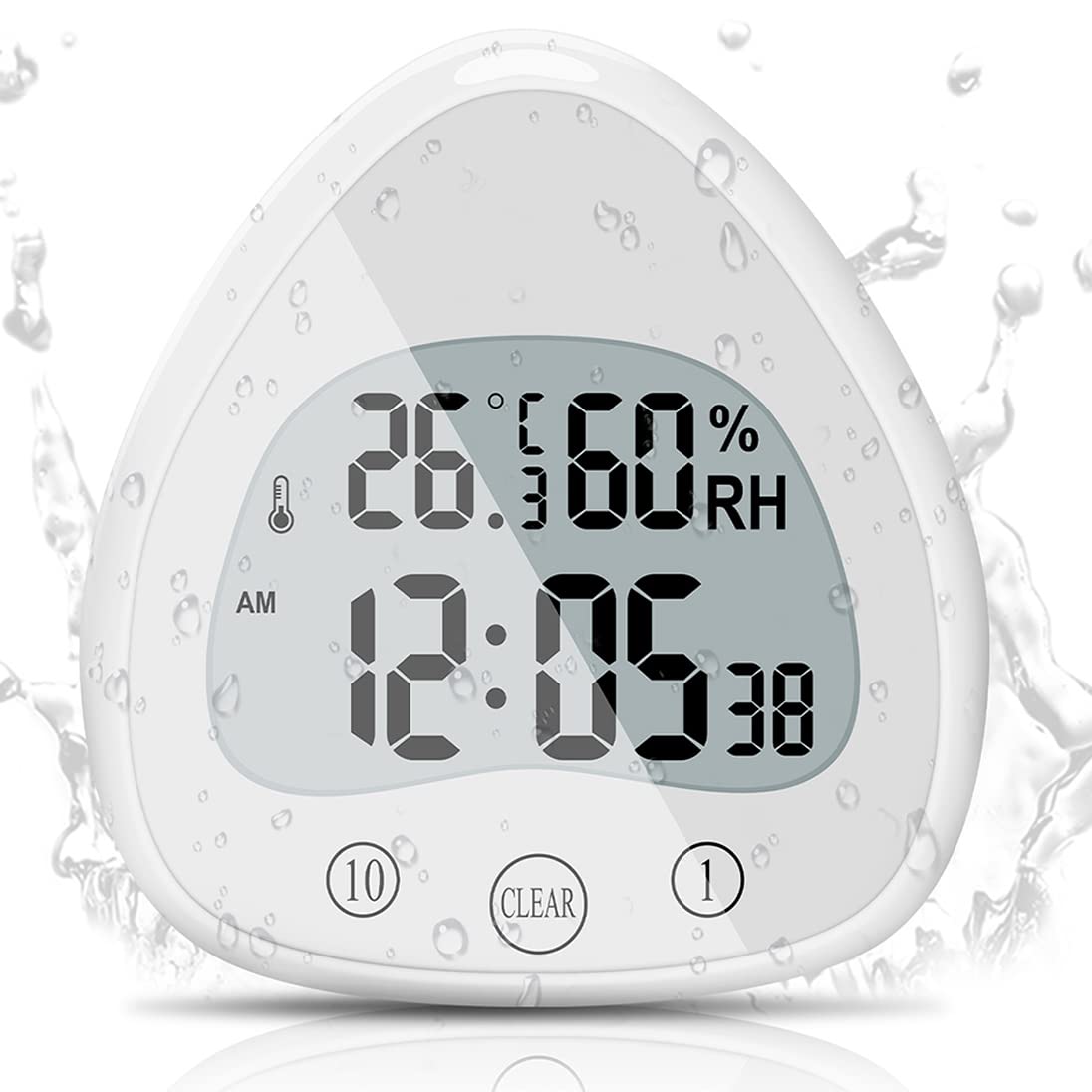 Coikes Digital Bathroom Clock Waterproof Shower Timer LCD Degree C / F Temperature Humidity Kitchen Visual Countdown Wall with Suction Cup Hanging Hole Stand Mothers Day Gifts, White