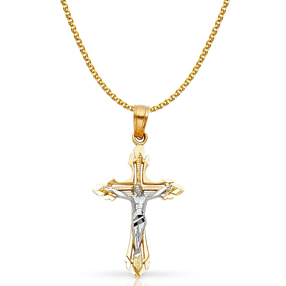 14K Two Tone Gold Jesus Crucifix Cross Pendant with 1.4mm Flat Open Wheat Chain Chain Necklace