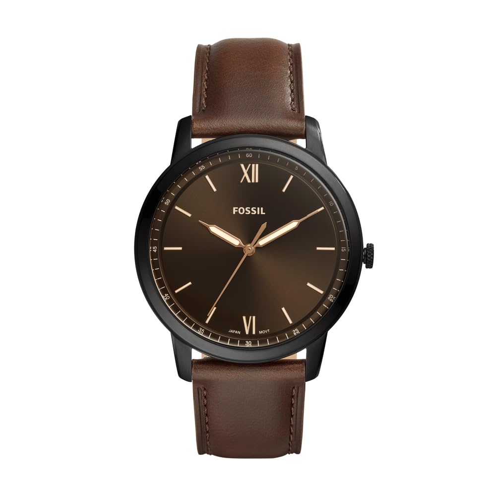 Fossil Watch for Men The Minimalist 3H, Quartz Movement, 44 mm Black Stainless Steel Case with a Leather Strap, FS5551