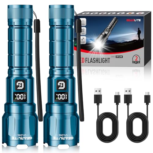GEARLITE LED Rechargeable Torch, 3 Light Modes, 6000 L, Super Bright Zoomable Torches with LCD Battery Display, IP65 Waterproof & XHP70.2 Tactical Torch for Camping, Fishing, Emergencies (2, Blue)