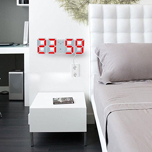 LED Digital Alarm Clock For Desk / Shelf / Tabletop, Modern Home Decoration 3D Wall Clock, Easy To Read at Night, Loud Alarm and Snooze, Big Digit Display (White Frame, Red Light) - Thumbnail 4