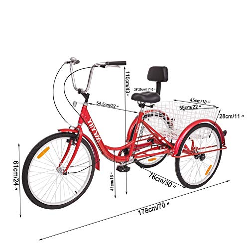 YiiYYaa Adult Tricycle Trike Cruise Bike, 24 Inch Wheel Single Speed 3 Wheeled Bicycle with Large Size Basket for Recreation, Shopping, Exercise (Red)