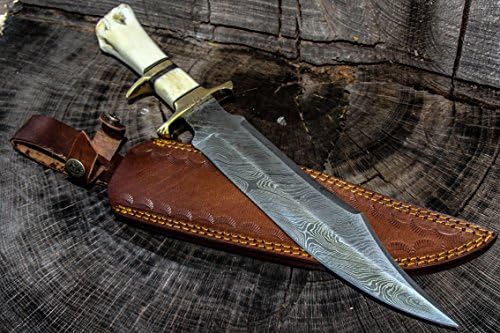 15" Inch Fixed Blade Custom Hand Made Damascus Steel Hunting Bowie Knife Camel Bone Handle With Leather Sheath