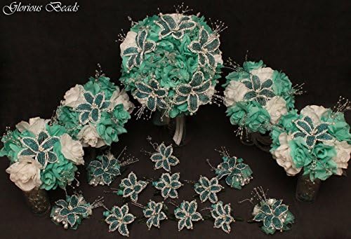 Aqua and White Beaded Lily Wedding Flower 17 piece set with Aqua and White Roses ~ Unique French beaded flowers and beaded sprays. Includes Bouquets Corsages and Boutonnieres