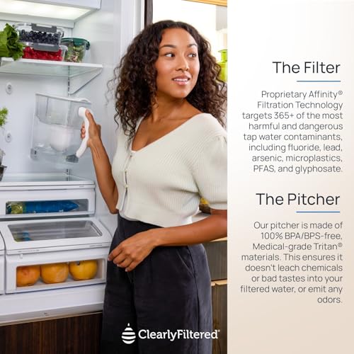Clearly Filtered Filtered Water Pitcher - 80 Fl Oz, NSF Certified - Targets 365+ Contaminants - Fluoride, PFAS, Lead, Chlorine, Microplastics - BPA/BPS Free - 10 Cup Filter (Pitcher Includes 1 Filter)